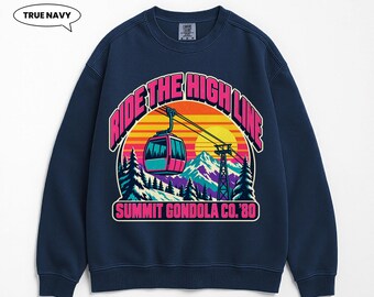 Gondola Sweatshirt, Retro 80s Cable Car Crewneck, Colorful Alpine Sunset Graphic, Winter Mountain Vacation Gift for Skiers