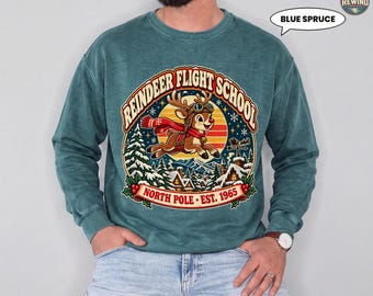 Reindeer Christmas Sweatshirt, Retro Flight School Crewneck, North Pole Winter Village Graphic, Nostalgic Holiday Gift
