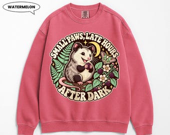 Opossum Sweatshirt, Small Paws Late Hours After Dark Crewneck, Retro Nocturnal Forest Badge, Cottagecore Gift for Possum Lovers