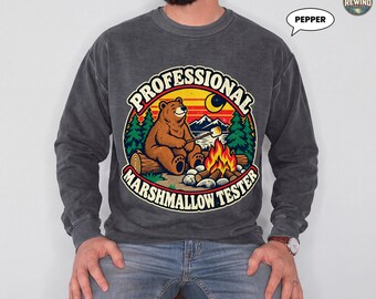 Camping Bear Sweatshirt, Professional Marshmallow Tester Crewneck, Retro Campfire Graphic, Funny S'mores Gift for Campers