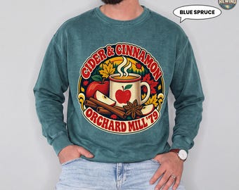 Apple Cider Sweatshirt, Cider & Cinnamon Retro Fall Crewneck, Vintage 70s Orchard Mill Autumn Badge, Cozy Pumpkin Season Gift for Her