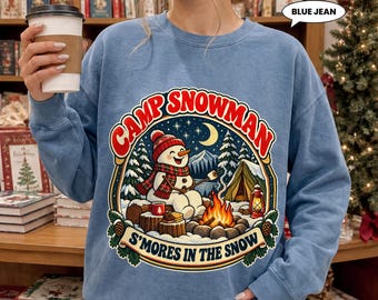 Snowman Camping Sweatshirt, Retro Winter Campfire Crewneck, S'mores in the Snow Graphic, Cozy Christmas Gift for Outdoor Lovers