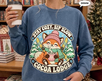 Fox Sweatshirt, Hot Cocoa Lodge Crewneck, Retro Ski Badge, Cozy Winter Gift for Animal Lovers