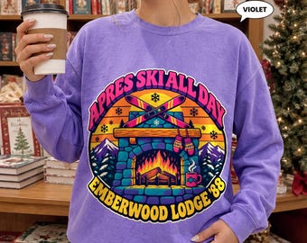 Apres Ski Sweatshirt, Emberwood Lodge Retro Fireside Crewneck, Vintage 80s Winter Badge, Cozy Snow Lover Gift for Him