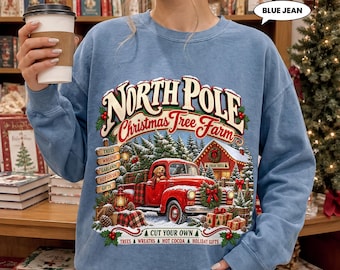 North Pole Christmas Tree Farm Sweatshirt, Red Truck Xmas Crewneck, Vintage Farmhouse Holiday Pullover, Retro Winter Gift for Her