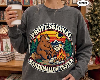 Funny Camping Sweatshirt, Professional Marshmallow Tester Bear, Retro Campfire Crewneck, Vintage Outdoors Gift for Campers