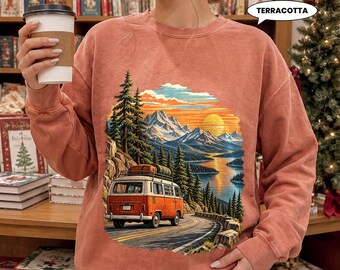 Retro Camper Van Road Trip Sweatshirt, Mountain Lake Sunset Crewneck, Vintage Van Life Adventure Pullover, Travel Gift for Him Her