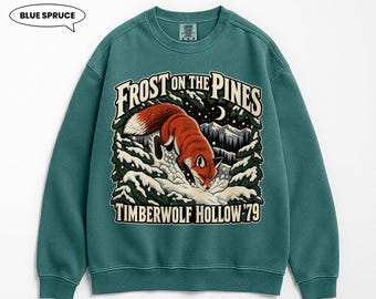 Fox Winter Sweatshirt, Frost on the Pines Snowy Woods Crewneck, Retro 70s Wildlife Badge, Cozy Mountain Gift for Nature Lovers