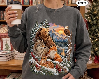 Wildlife Mountain Sweatshirt, Bear Wolf Fox Deer Eagle Crewneck, Vintage Winter Forest Animals Pullover, Nature Lover Gift for Him