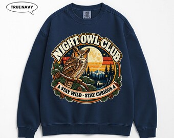 Night Owl Sweatshirt, Vintage Moonlit Forest Crewneck, Retro Mountain Badge, Bird Lover Gift