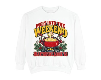 Fondue Sweatshirt, Melt Into the Weekend Retro Crewneck, Vintage 80s Cheese Lover Gift, Cozy Winter Lodge Pullover
