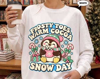Penguin Christmas Sweatshirt, Frosty Toes Warm Cocoa Snow Day Crewneck, Cute Kawaii Pastel Winter Graphic, Cozy Holiday Gift for Her