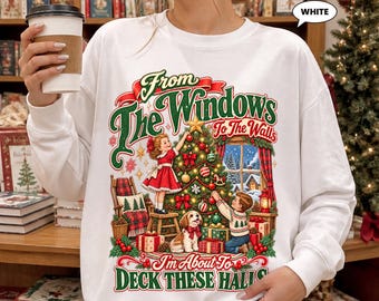 Deck These Halls Christmas Sweatshirt, Vintage Kids Trimming Tree Crewneck, Retro Nostalgic Holiday Pullover, Cozy Xmas Gift for Her