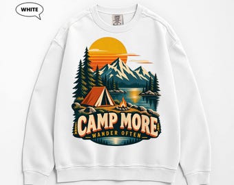 Camping Sweatshirt, Camp More Wander Often Retro Mountain Lake Crewneck, Vintage Sunset Tent Graphic, Outdoor Lover Gift