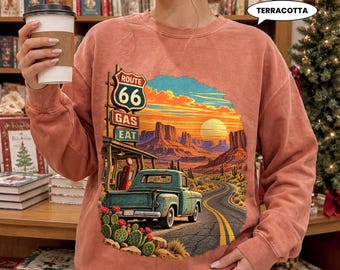 Route 66 Road Trip Sweatshirt, Vintage Blue Truck Desert Crewneck, Retro Southwest Sunset Pullover, Travel Gift for Him
