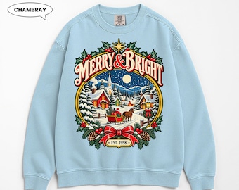 Merry & Bright Christmas Sweatshirt, Vintage Snowy Village Crewneck, Retro Horse Sleigh Holiday Pullover, Cozy Xmas Gift for Her