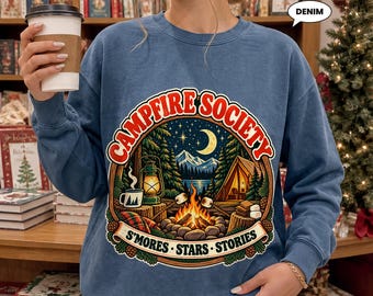 Campfire Society Sweatshirt, Retro Camping Crewneck, S'mores Stars Stories Badge, Vintage Campsite Gift for Campers