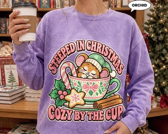 Christmas Mouse Sweatshirt, Steeped in Christmas Cozy by the Cup Crewneck, Retro Teacup Holiday Graphic, Cozy Tea Lover Gift