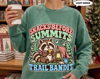 Raccoon Camping Sweatshirt, Snacks Before Summits Trail Bandit Crewneck, Retro Campsite Graphic, Cozy Outdoor Gift for Campers