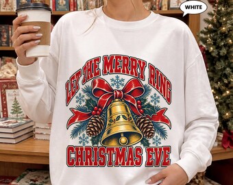 Christmas Bell Sweatshirt, Let the Merry Ring Vintage Crewneck, Retro Holly Pinecone Graphic, Cozy Holiday Gift for Her