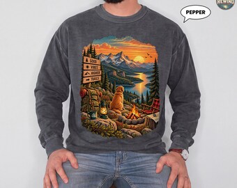 Camping Dog Sweatshirt, Golden Retriever Mountain Sunset Crewneck, Retro Good Vibes Higher Trails Graphic, Hiker Gift
