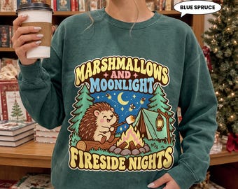 Hedgehog Sweatshirt, Marshmallows and Moonlight Fireside Nights Crewneck, Retro Campfire Camping Badge, Cute Camper Gift for Her
