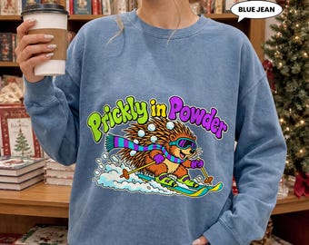 Porcupine Ski Sweatshirt, Prickly in Powder Funny Animal Crewneck, Retro 90s Winter Graphic, Colorful Skier Gift