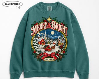 Merry & Bright Christmas Sweatshirt, Vintage Snowy Village Crewneck, Retro Horse Sleigh Holiday Pullover, Cozy Xmas Gift for Her