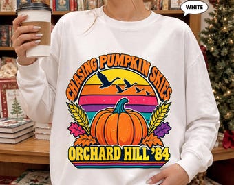 Fall Sweatshirt, Chasing Pumpkin Skies Retro Autumn Crewneck, Vintage 80s Harvest Sunset Badge, Cozy Orchard Season Gift for Her