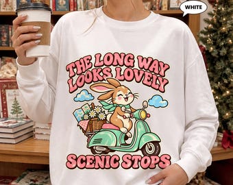 Bunny Scooter Sweatshirt, The Long Way Looks Lovely Scenic Stops Crewneck, Retro Travel Road Trip Badge, Cute Wanderlust Gift