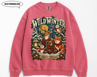 Wild Winter Forest Friends Sweatshirt, Woodland Animals Crewneck, Vintage Deer Fox Bear Owl Pullover, Cozy Christmas Gift for Her