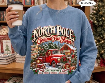 North Pole Christmas Tree Farm Sweatshirt, Red Truck Xmas Crewneck, Vintage Farmhouse Holiday Pullover, Retro Winter Gift for Her