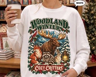 Woodland Winter Sweatshirt, Cozy Critters Crewneck, Vintage Moose Fox Raccoon Pullover, Snowy Forest Animals Christmas Gift for Her
