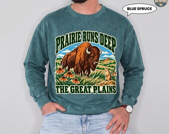 Bison Sweatshirt, Prairie Runs Deep Great Plains Vintage Crewneck, Retro Buffalo Prairie Dog Badge, Nature Lover Gift