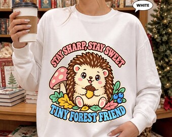 Hedgehog Sweatshirt, Tiny Forest Friend Retro Crewneck, Cute Mushroom Woodland Graphic, Cottagecore Fall Gift for Animal Lovers