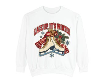 Ice Skating Sweatshirt, Lace Up It's Winter Retro Crewneck, Vintage Figure Skates Graphic, Cozy Christmas Gift for Skaters