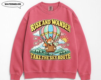 Fox Sweatshirt, Hot Air Balloon Adventure Crewneck, Rise and Wander Retro Graphic, Whimsical Travel Gift for Animal Lovers