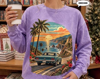 Classic Car Coastal Road Trip Sweatshirt, Vintage California Highway Crewneck, Retro Sunset Muscle Car Pullover, Gift for Him