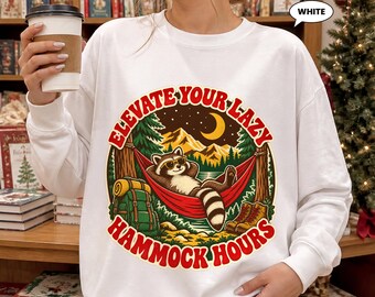 Raccoon Camping Sweatshirt, Elevate Your Lazy Hammock Hours Crewneck, Retro Outdoor Badge, Cozy Campsite Gift for Nature Lovers