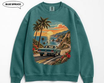 Classic Car Coastal Road Trip Sweatshirt, Vintage California Highway Crewneck, Retro Sunset Muscle Car Pullover, Gift for Him