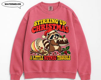 Raccoon Christmas Sweatshirt, Stirring Up Christmas Funny Baking Crewneck, Retro Nutmeg Trouble Graphic, Cozy Holiday Baker Gift