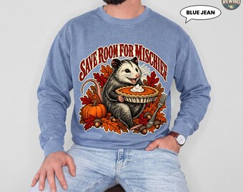 Funny Opossum Sweatshirt, Save Room for Mischief Crewneck, Vintage Pumpkin Pie Graphic, Thanksgiving Animal Lover Gift