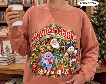 Holiday Magic Christmas Sweatshirt, Retro Santa Snowman Yeti Crewneck, Snow Much Joy Vintage Xmas Pullover, Cozy Holiday Gift for Her
