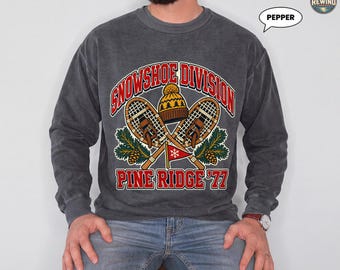 Snowshoe Sweatshirt, Pine Ridge '77 Vintage Winter Crewneck, Retro 70s Woodland Graphic, Snowshoer Gift