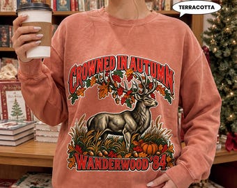 Deer Sweatshirt, Crowned in Autumn Stag Crewneck, Vintage Fall Buck Badge with Pumpkins and Acorns, Cozy Nature Gift for Hunters