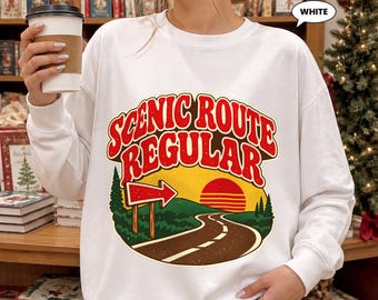 Scenic Route Sweatshirt, Take the Long Way Retro Road Trip Crewneck, Vintage 70s Sunset Travel Badge, Wanderlust Gift for Her