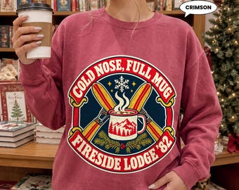 Hot Cocoa Sweatshirt, Cold Nose Full Mug Retro Crewneck, Vintage 80s Fireside Lodge Badge, Cozy Winter Ski Gift for Her