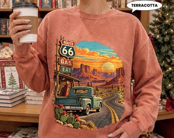 Route 66 Road Trip Sweatshirt, Vintage Blue Truck Desert Crewneck, Retro Southwest Sunset Pullover, Travel Gift for Him