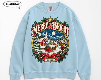 Merry & Bright Christmas Sweatshirt, Vintage Snowy Village Crewneck, Retro Horse Sleigh Holiday Pullover, Cozy Xmas Gift for Her