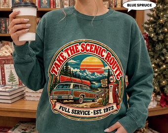 Road Trip Sweatshirt, Take the Scenic Route Retro Crewneck, 70s Station Wagon Canoe Graphic, Mountain Travel Gift